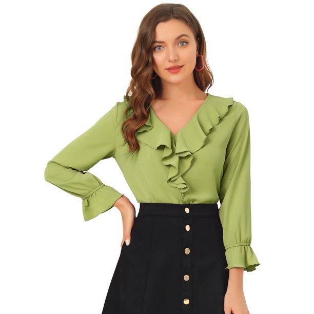Blusa de gasa Allegra K con cuello En V volantes Verde claro S