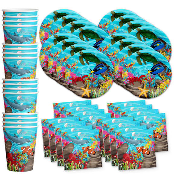 Ocean Sea Life Birthday Party Supplies Set Plates Napkins Cups Tableware Kit for 16