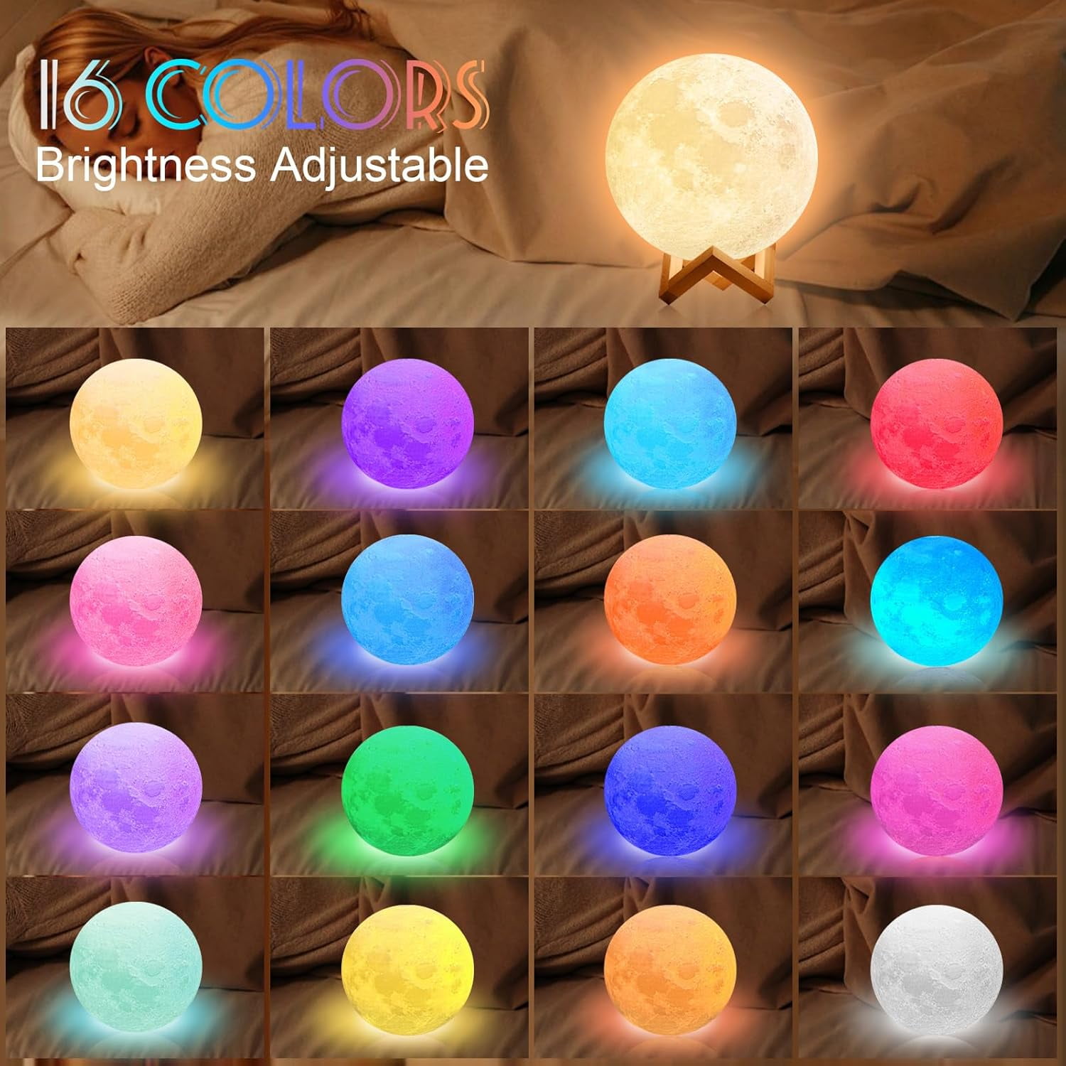DAYBETTER Moonlight Night Light for Kids Adults, 4Inch/3D Printing Moon Lamp Night Lamp for Bedroom Decor, 16 Color Moon Decor for Kids Bedroom Decor