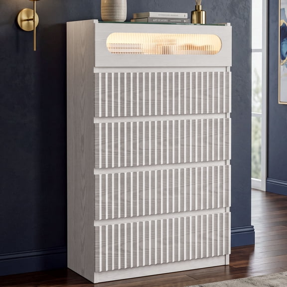 FUSUNBAO 5-Drawer Dresser with LED Lights & Glass Top, Modern Wood Storage Chest.