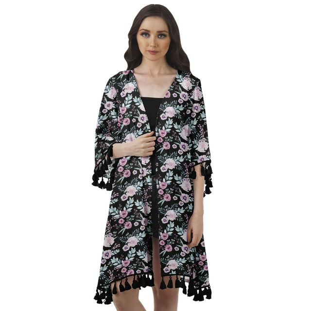 Moomaya Gilet Imprimé à Ouverture Frontale Manches 3/4 Georgette Couverture de Plage pour Femmes