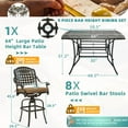 thumbnail image 2 of MEETWARM 9-Piece Outdoor Patio Swivel Bar Set, All Weather Cast Aluminum Patio Bar Table and Chairs Set with 8 Cushioned Swivel Bar Stools, Large 64" Square Patio Bar Height Table, 2.2" Umbrella Hole, 2 of 8