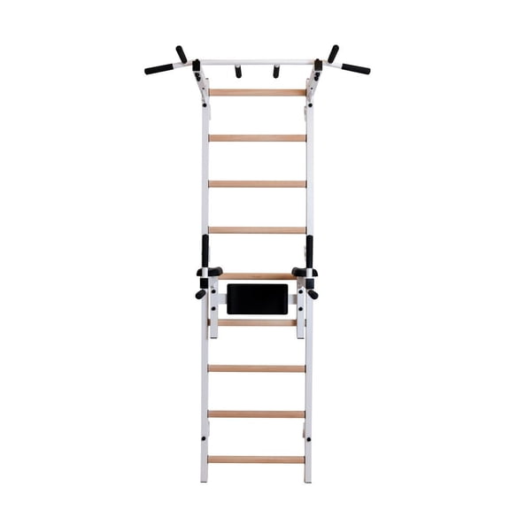 BenchK 722 White Wall bars with fixed steel 6-grip pull-up bar and dip bar with back support