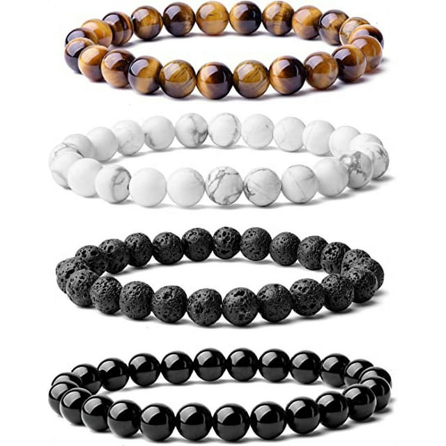 Juego de 4 pulseras de cuentas elásticas de cristal curativo con piedras semipreciosas naturales de 8 mm para hombres y mujeres