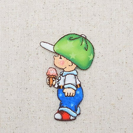 Boy Needlepoint - Little Boy - Eating Ice Cream Cone - Children - Iron On Embroidered Applique Patch