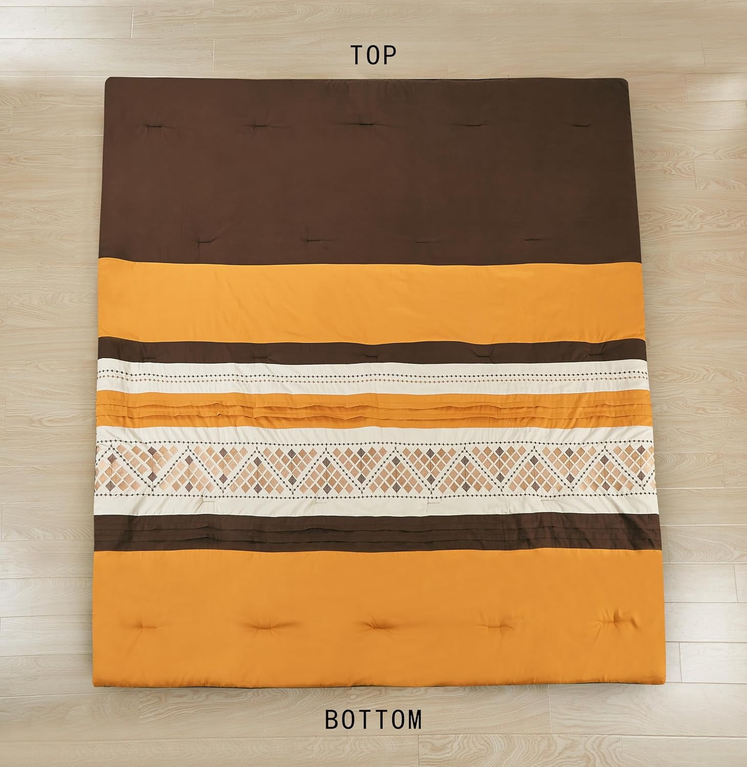 Chezmoi Collection Maple 7-Piece Orange Brown Geometric Embroidery Pleated Striped Comforter Bedding Set, King Size
