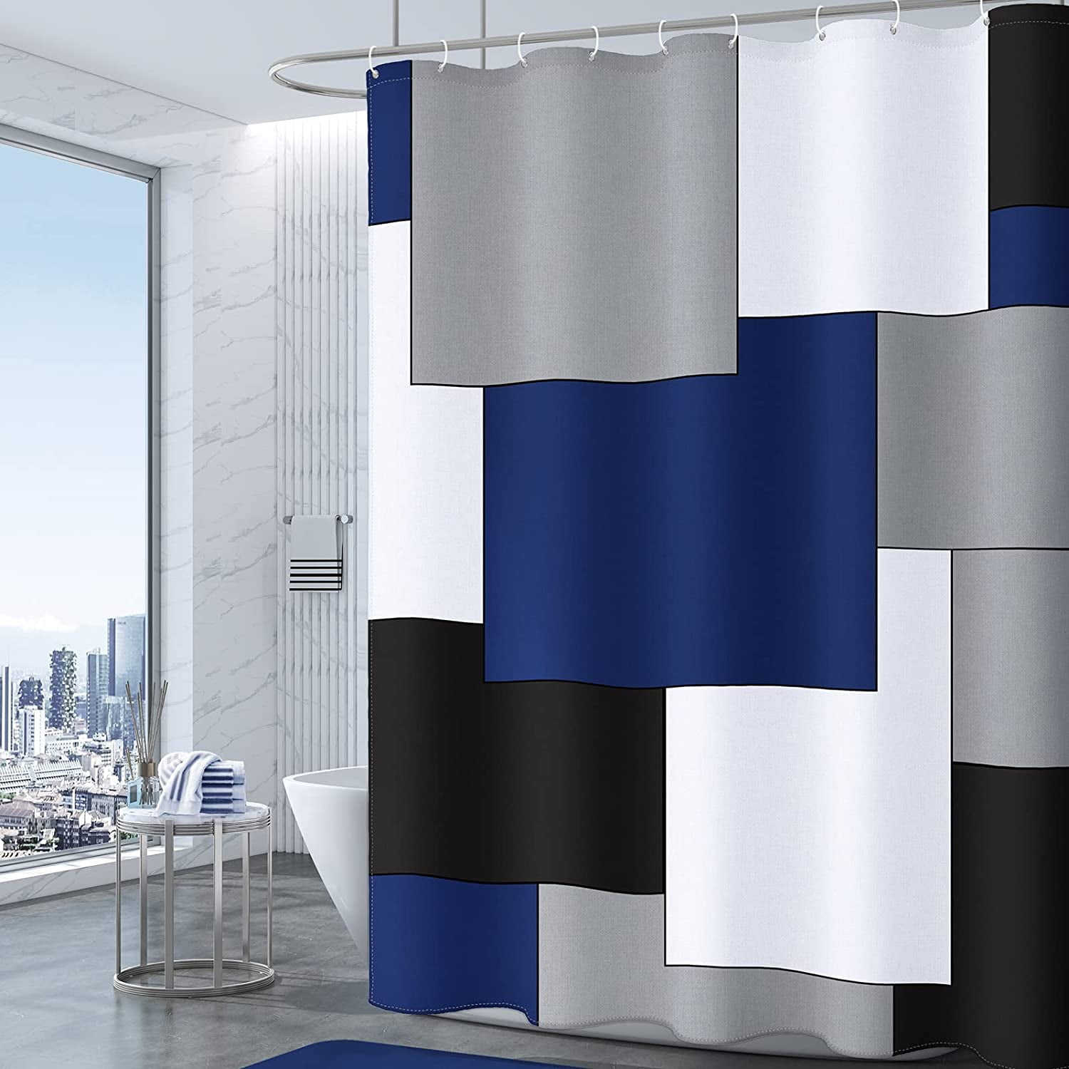 Navy Blue Shower Curtain Modern Bathroom Accessories Decor Black and ...