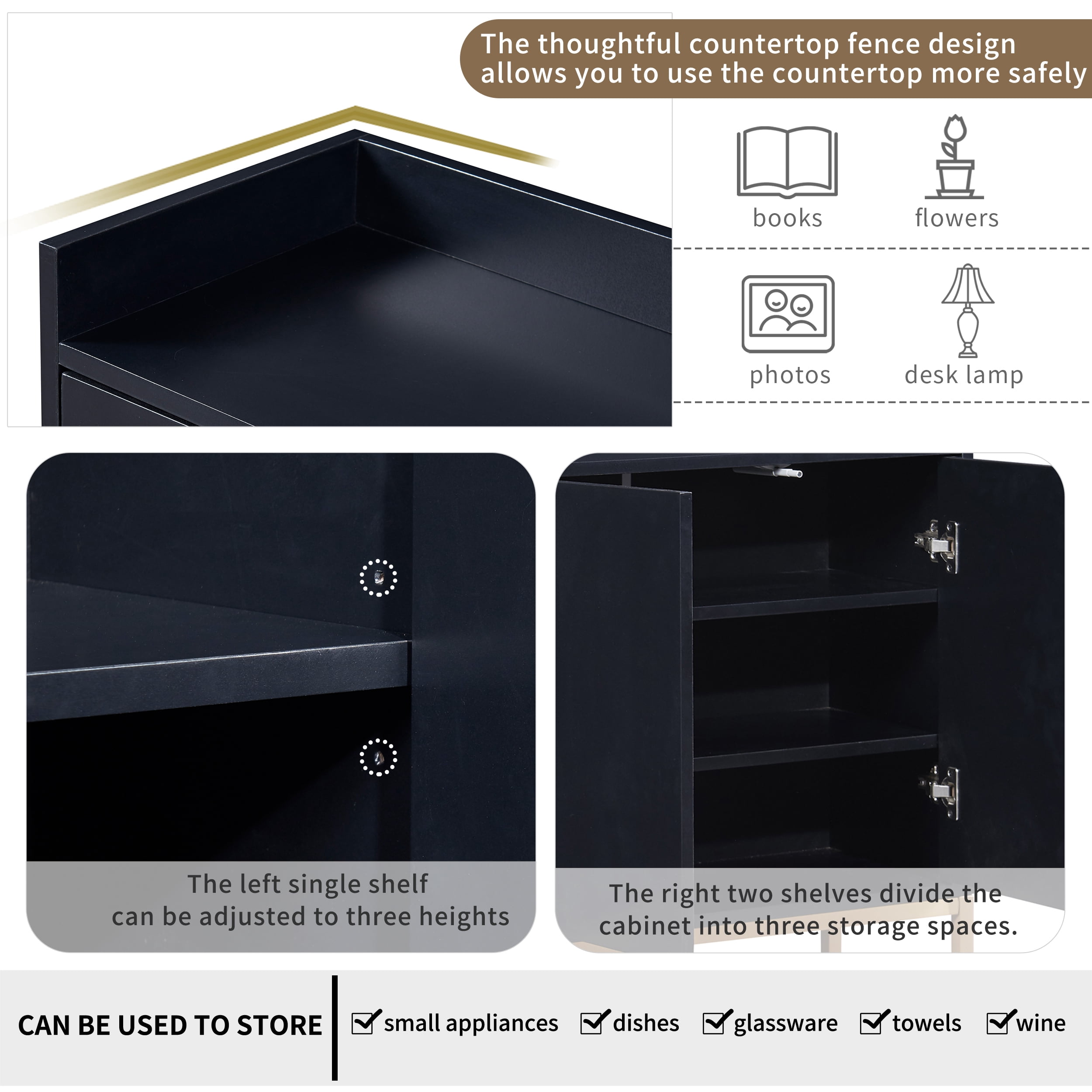 DEALTOPS Modern Sideboard with Large Storage Space and Rebound Device Doors for Dining Room - Black