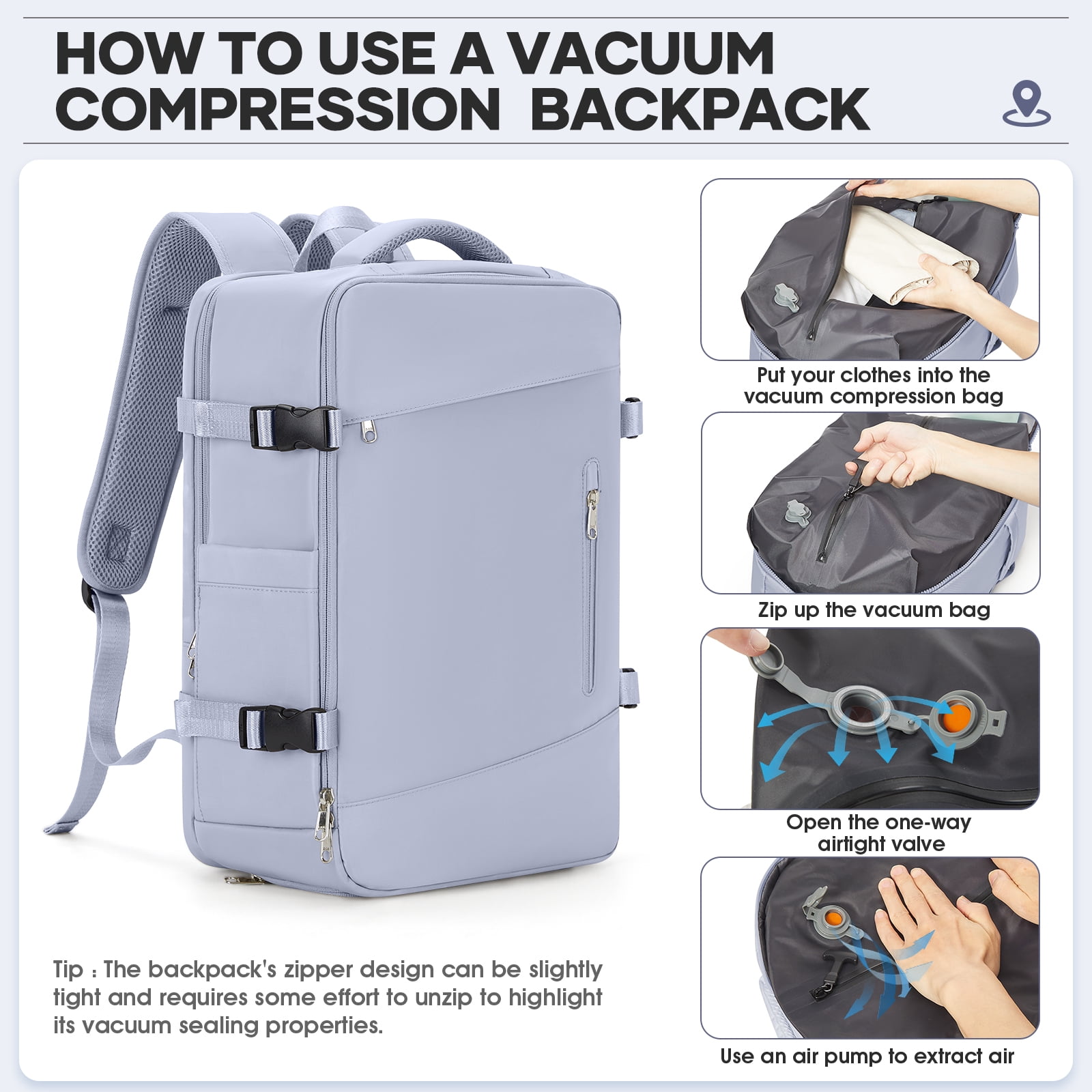 Vacpack Backpack with Vacuum Seal Travel Backpack Men, Vacuum Compression Backpack with Portable Air Pump, Vacuum Seal Carry on Backpack for Airplanes Women Laptop Airback Vac Pack Daypack Purple