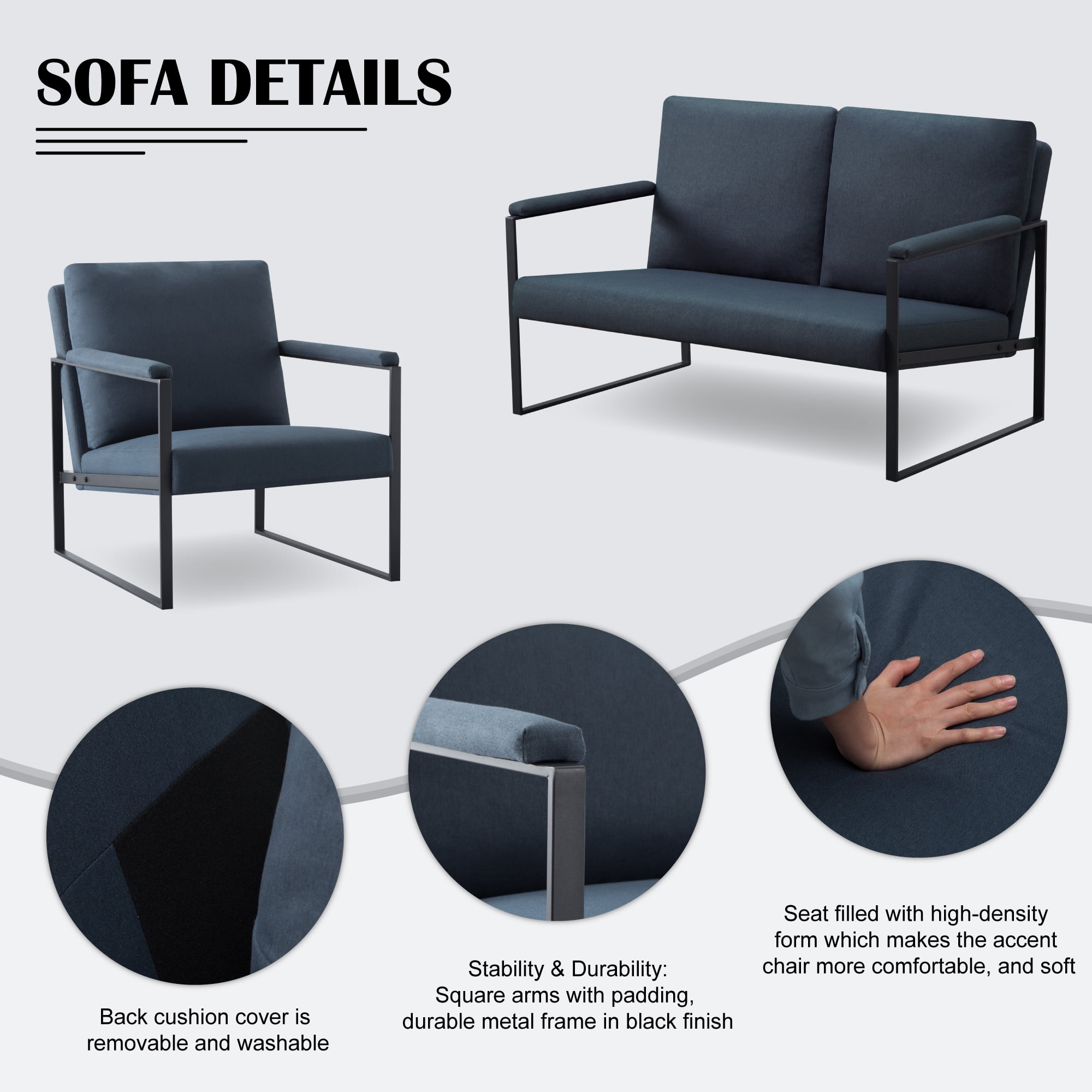 Gewnee Dark Blue 26.8” Metal Frame Accent Armchair, Linen Blend Upholstery with Removable Cushion for Home Office Study