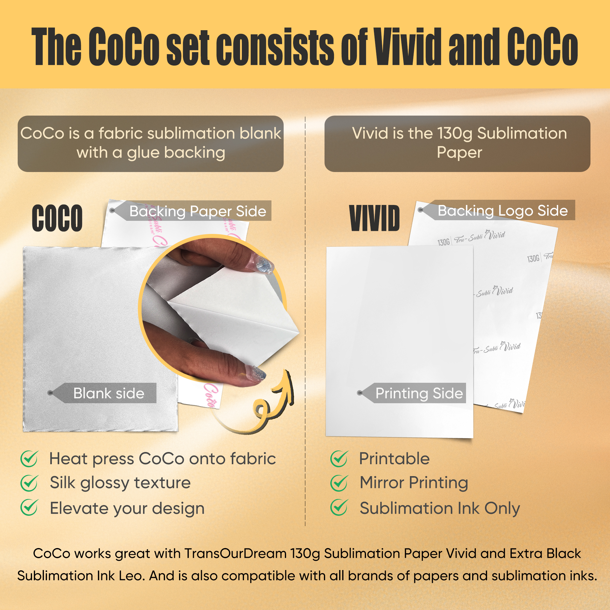 TransOurDream CoCo Tru-Sublimation HTV for Dark Fabric and Cotton 8.5x11"(Vivid Sublimation Paper 30 Sheets & CoCo Fabric Sublimatoin Vinyl 10 Sheets for Shirts/Bag/Hat/Pillow/Canvas)