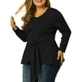 thumbnail image 4 of Agnes Orinda Women's Plus Size Tops Belted Knot Tie V Neck Long Sleeve Casual Knit Blouse 1X Black, 4 of 8