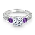 thumbnail image 2 of Gem Stone King 925 Sterling Silver White Moissanite and Purple Amethyst Engagement Ring for Women (1.78 Cttw, Gemstone, Round 7MM and 4MM, Size 9), 2 of 3
