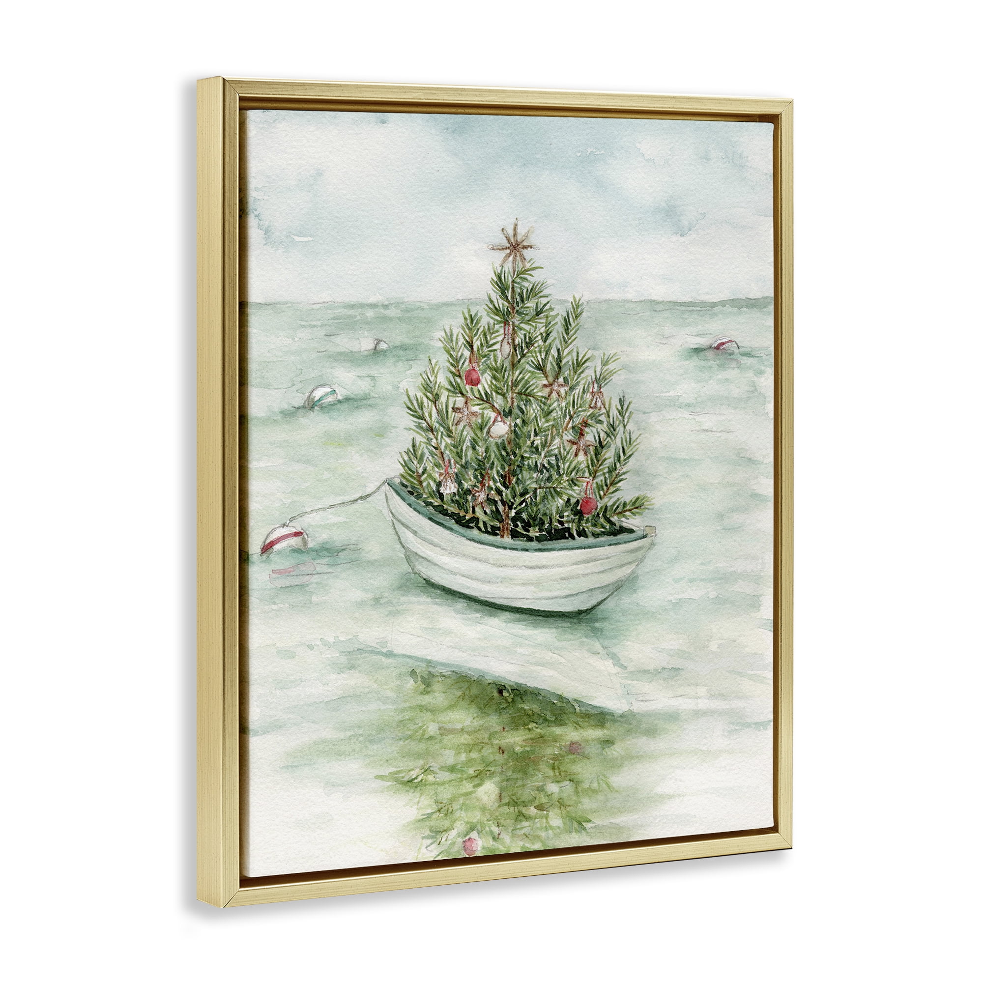 Stupell Industries Beachy Christmas Tree Holiday Painting Gold Floater Framed Art Print Wall Art, 17 x 21