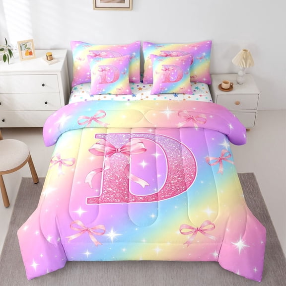 Manfei Chic Rainbow Bownot 7-Piece Twin Bedding,Pink Alphabet Print D Bedding Comforter Set,Colorful Stars Reversible