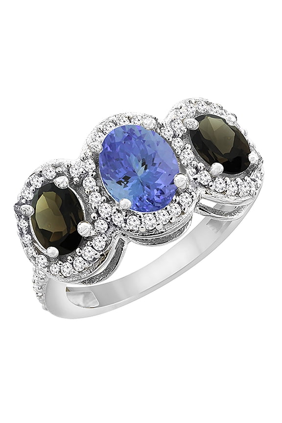 10K White Gold Natural Tanzanite & Smoky Topaz 3-Stone Ring Oval Diamond Accent, size 7