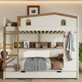thumbnail image 2 of Queen over Queen Bunk Bed Frame with Trundle and Storage Shelves, Solid Wood Bunk Beds with hooks and Safety Guard Rails for Bedroom, Apartment, Guest Room, Mattress Not Included, Beige&Natural, 2 of 9