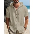 thumbnail image 3 of QUTETN Men's Lightweight Linen Hooded Shirt - Casual Button- Short Sleeve with Drawstrings for Beach, Vacation & Streetwear, Black, Beach Clothes, 3 of 4