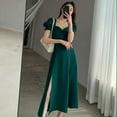 thumbnail image 6 of Solid Puff Short-Sleeved Elegant Slit Dress New Fashion Women V-neck Full Dresses Ladies High Waist Slim Evening Party Vestidos, 6 of 9