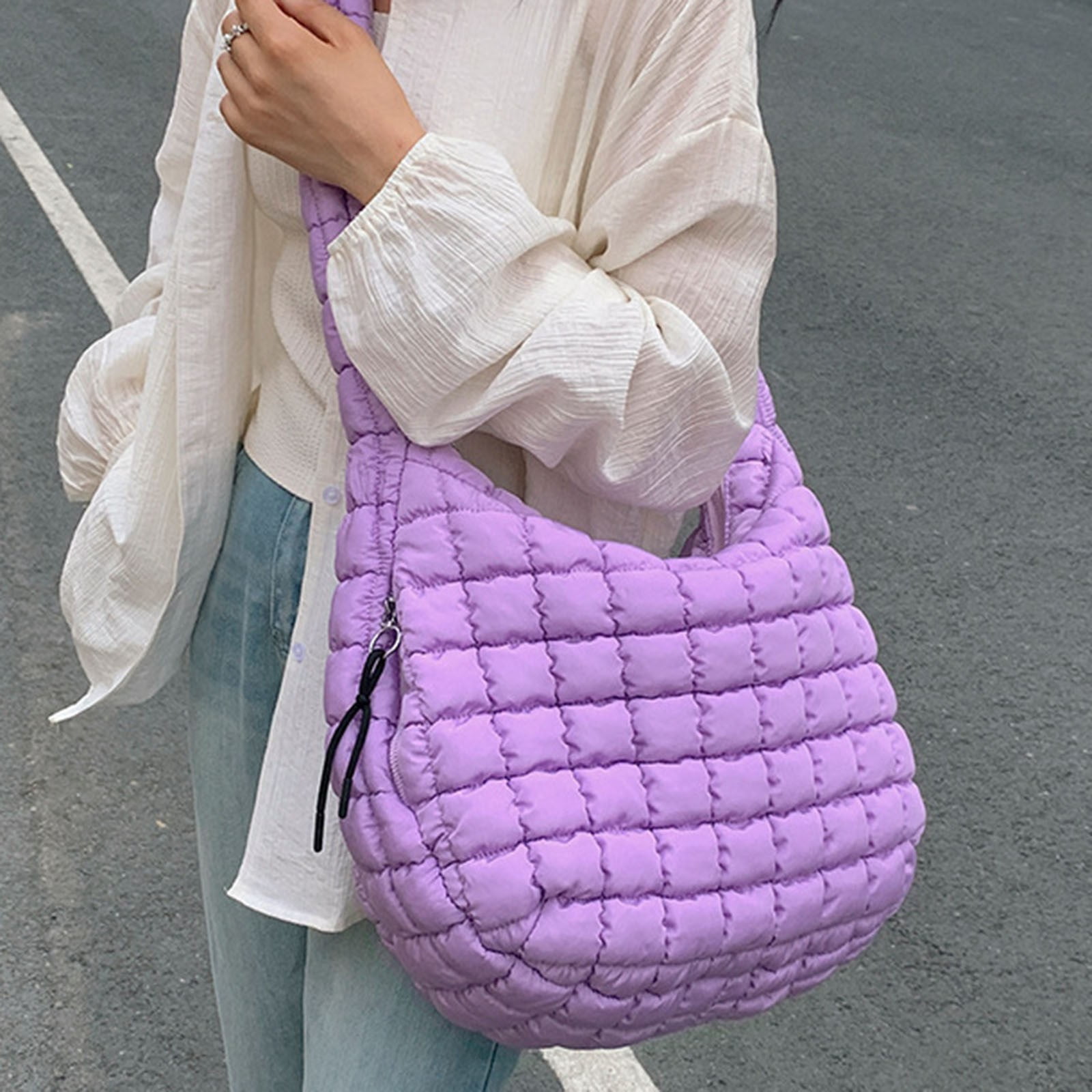 Mepaouo Large Puffer Tote Bag for Women Quilted Crossbody Handbag Hobo Shoulder Satchel Puff Purse(Purple)