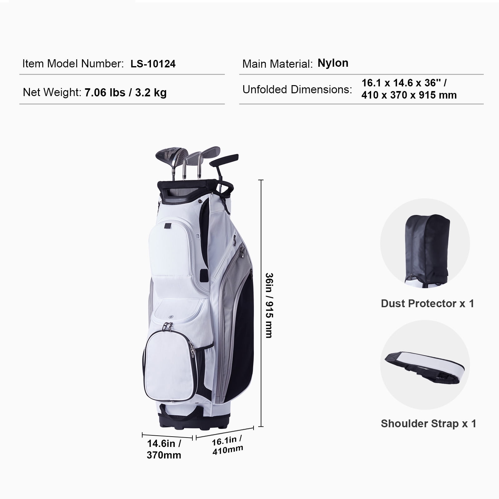 KFFKFF Golf Equipment Bag, 14 Section Divider, 36”, 13 Compartments, Superior Nylon Material, Robust Golf Bag with Grips, Dust Protector, Removable Straps, Suitable for All, White Color Scheme