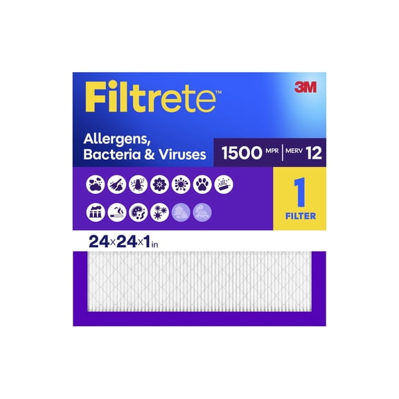 Filtrete 24x24x1 HVAC Furnace Air Filter, MPR 1500 MERV 12, Allergen, Bacteria and Virus, 1 Filter