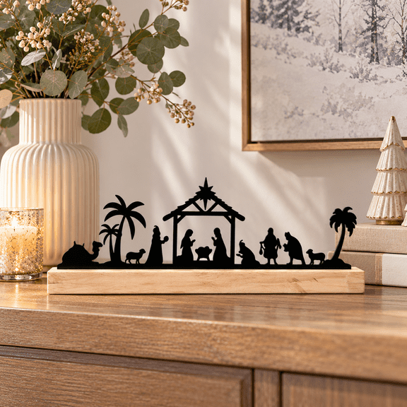 Christmas Tabletop Decor Nativity Scene Tabletop Decoration with Solid Wood Base, 12.6" Religious Farmhouse Christmas Table Centerpiece for Home & Church Holiday Decoration