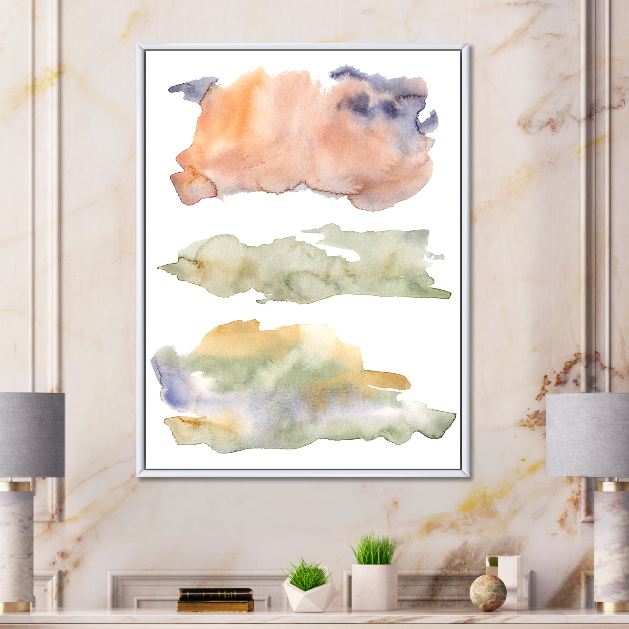 Designart 'Abstract Orange Blue and Beige Green Clouds' Modern Framed Canvas Wall Art Print