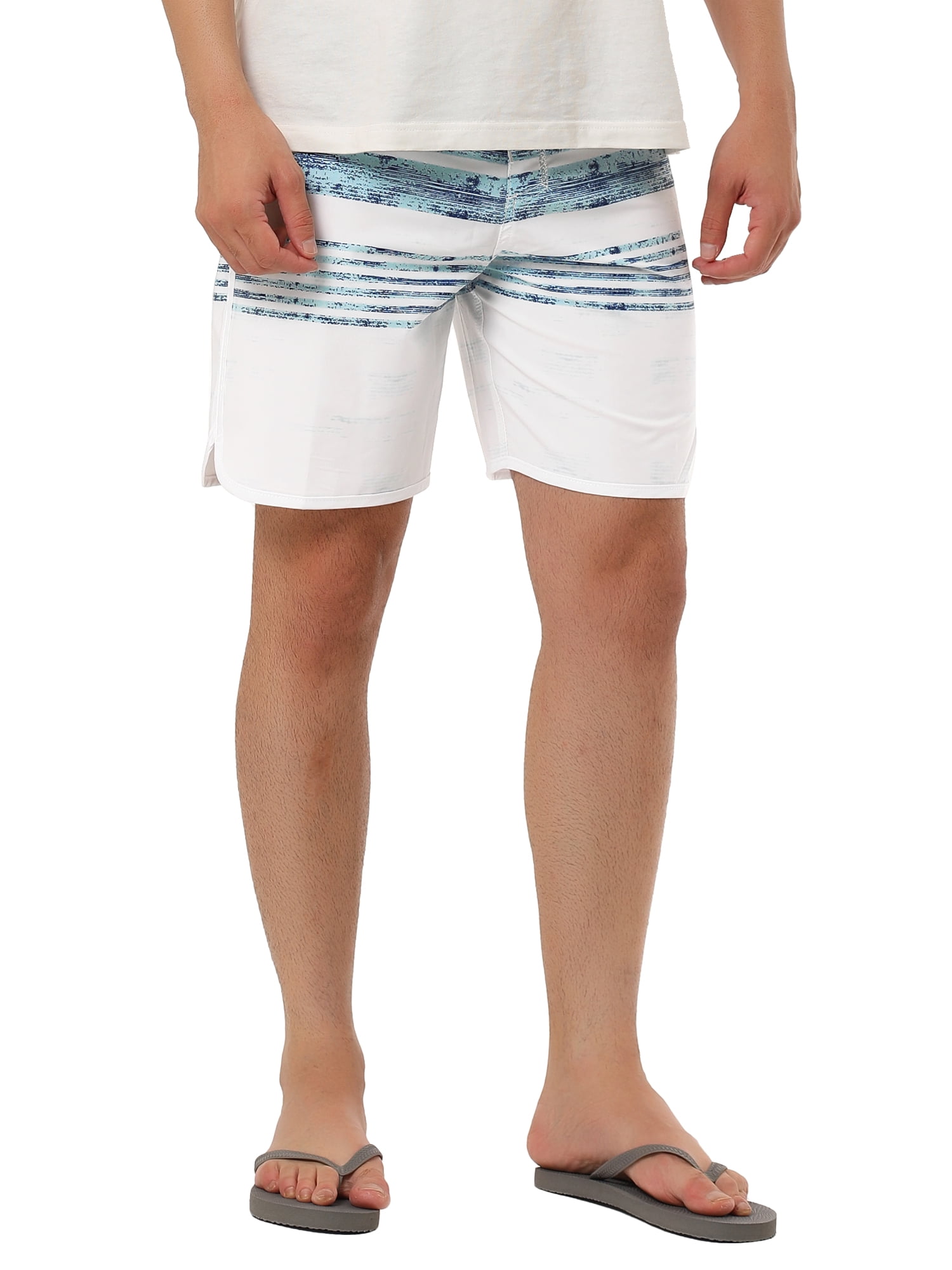 Unique Bargains Men's Striped Beach Shorts Color Block Board Surfing Shorts 32 White Blue