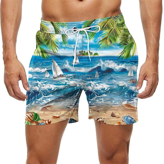 Qulqfy Swim Trunks Men Hawaiian Print 7 Inch Inseam Big & Tall Quick Dry Board Shorts Stretch Drawstring Vacation with Pockets Beach Shorts Mens Bathing Suit L