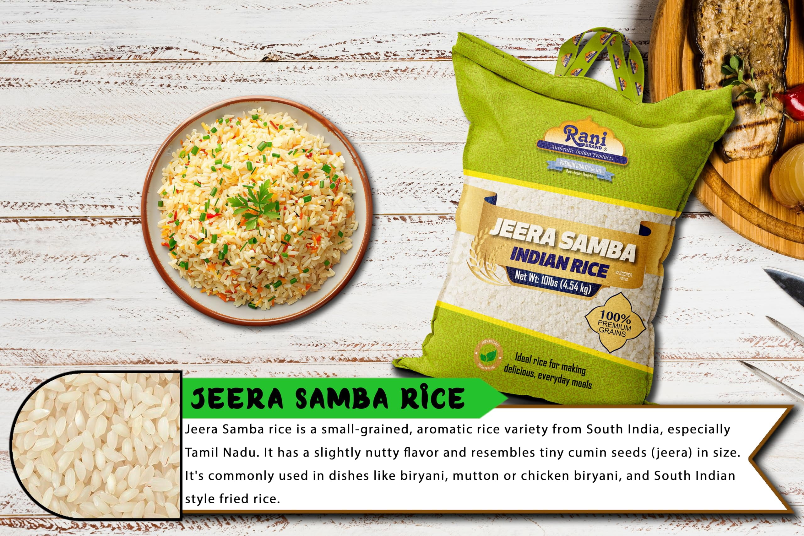 Rani Jeera Samba Indian Rice 160oz (10lbs) 4.54kg Cloth Bag ~ All Natural | Gluten Friendly | Vegan | Kosher | Export Quality | Indian Origin