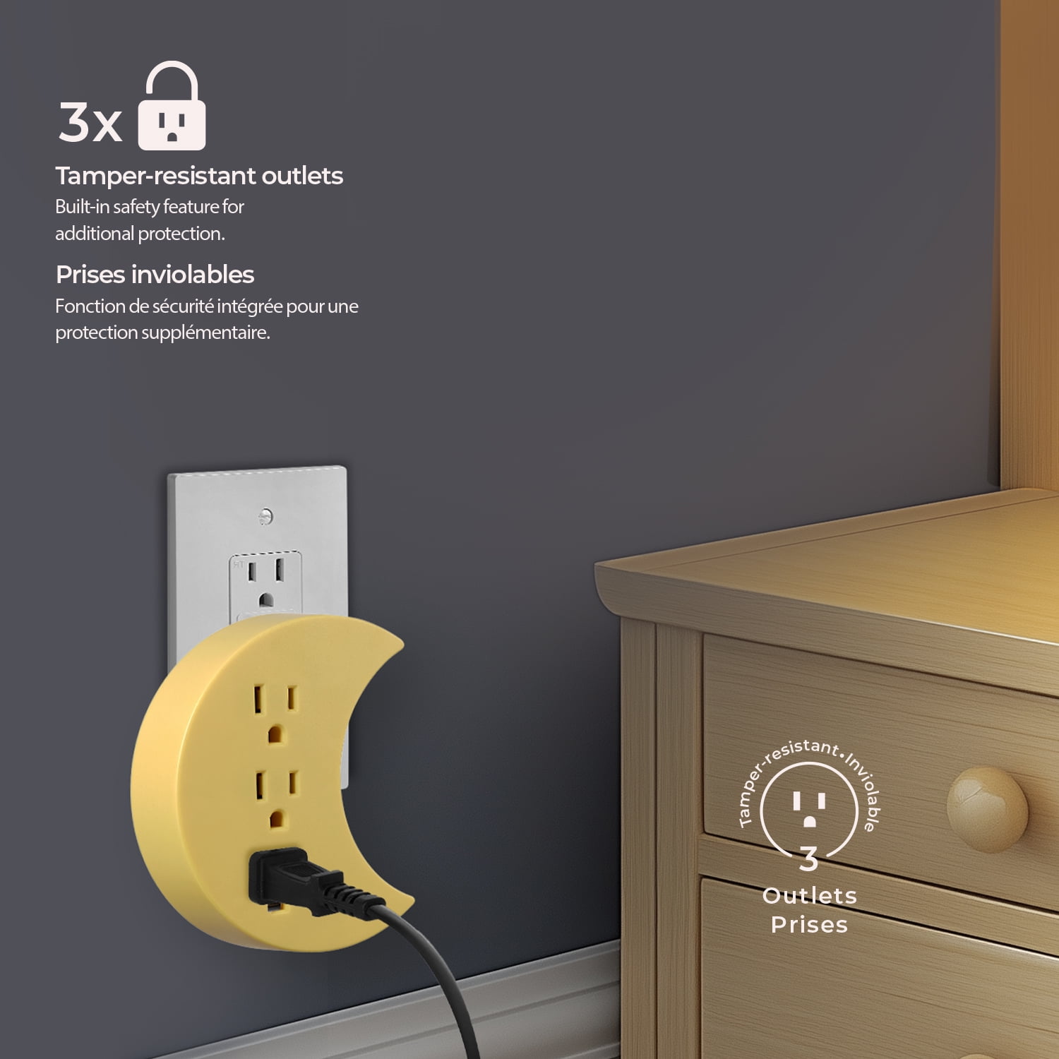 Adaptateur mural d’intérieur en demi-lune jaune à 3 prises de Globe Electric, non compatible avec appareils intelligents