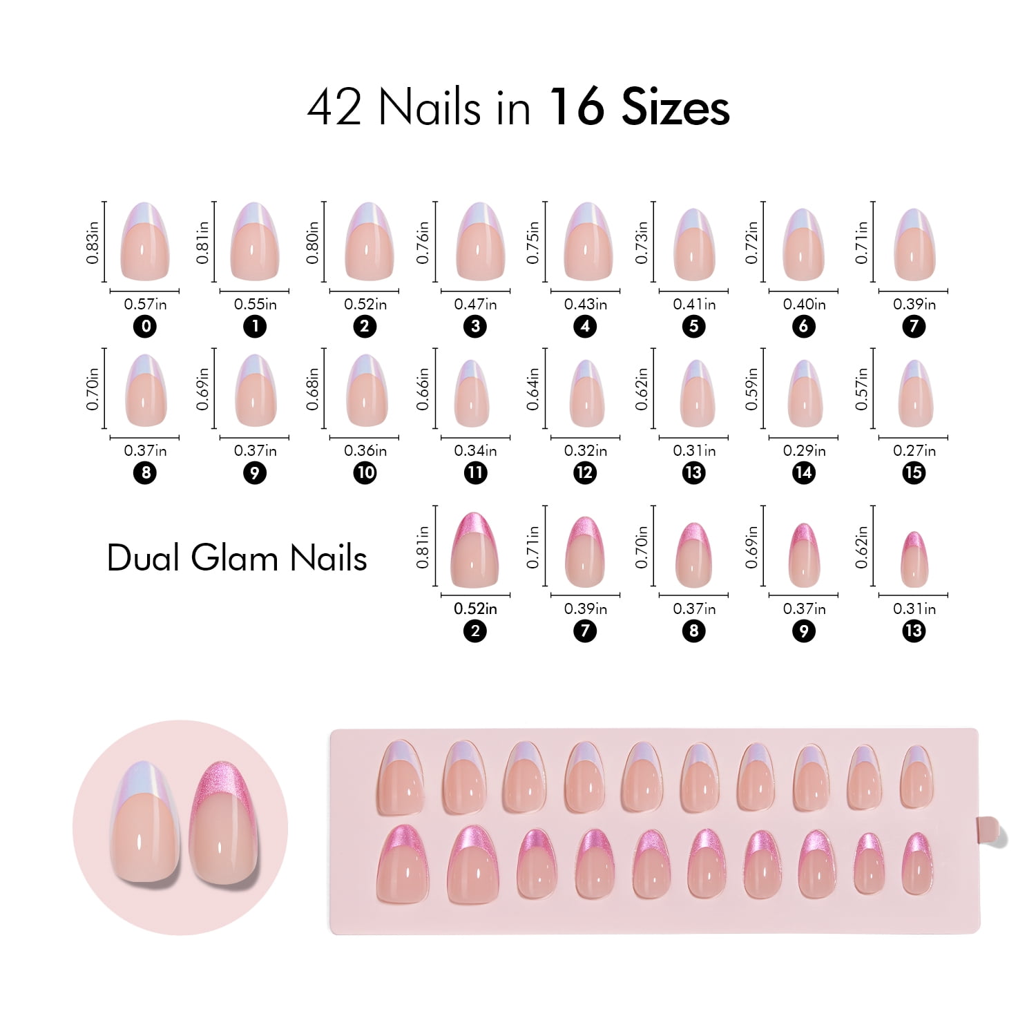 VSALON Press On Nails Short Almond 42 Pcs White Pink French Tip Glitter Chrome Nails in 16 Sizes Reusable Fake Nail Kit With UV Glue Easy Tabs Nail Glue Remover Summer DIY Home Salon Gift For Women
