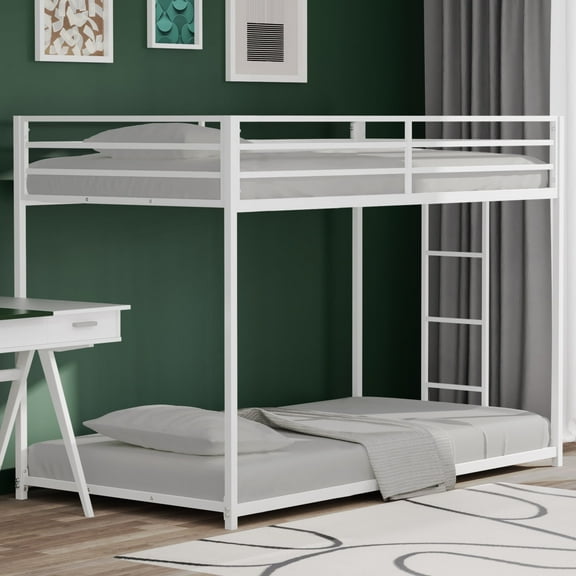 DreamBuck Twin Over Twin Bunk Bed, Heavy Duty Metal Bunk Bed Frame with Built-in Ladder and Safety Guardrail, Twin Bunk Beds for Teens, Adults, Noise Free, No Box Spring Needed, White