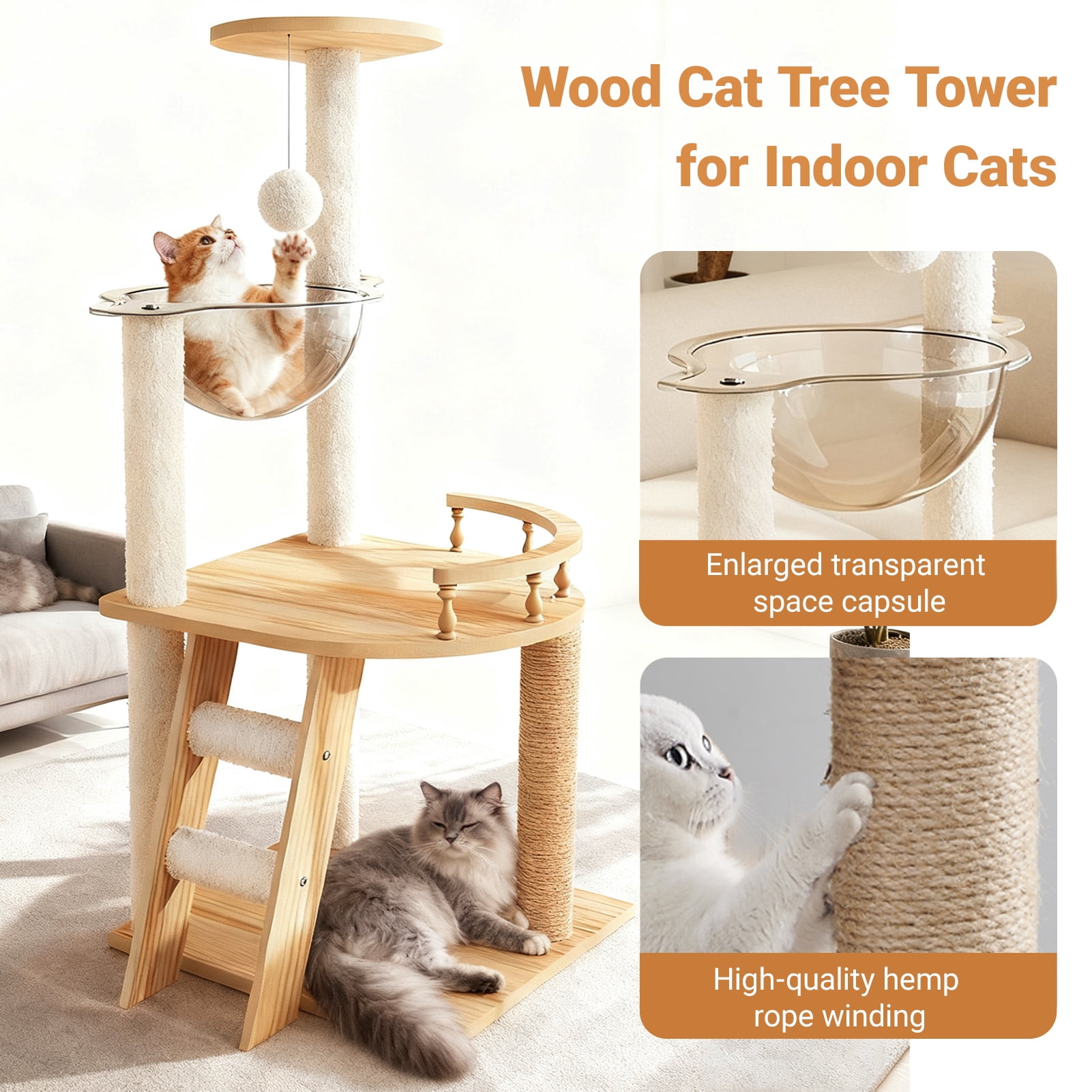 Vacmaster 41.3" Modern Cat Tower, Wood Cat Tree Tower for Indoor Cats, Cat Treewith Sisal-Covered Scratching Posts and Top Perch, Cat Condo with Acrylic Hammock for Small Large Cats