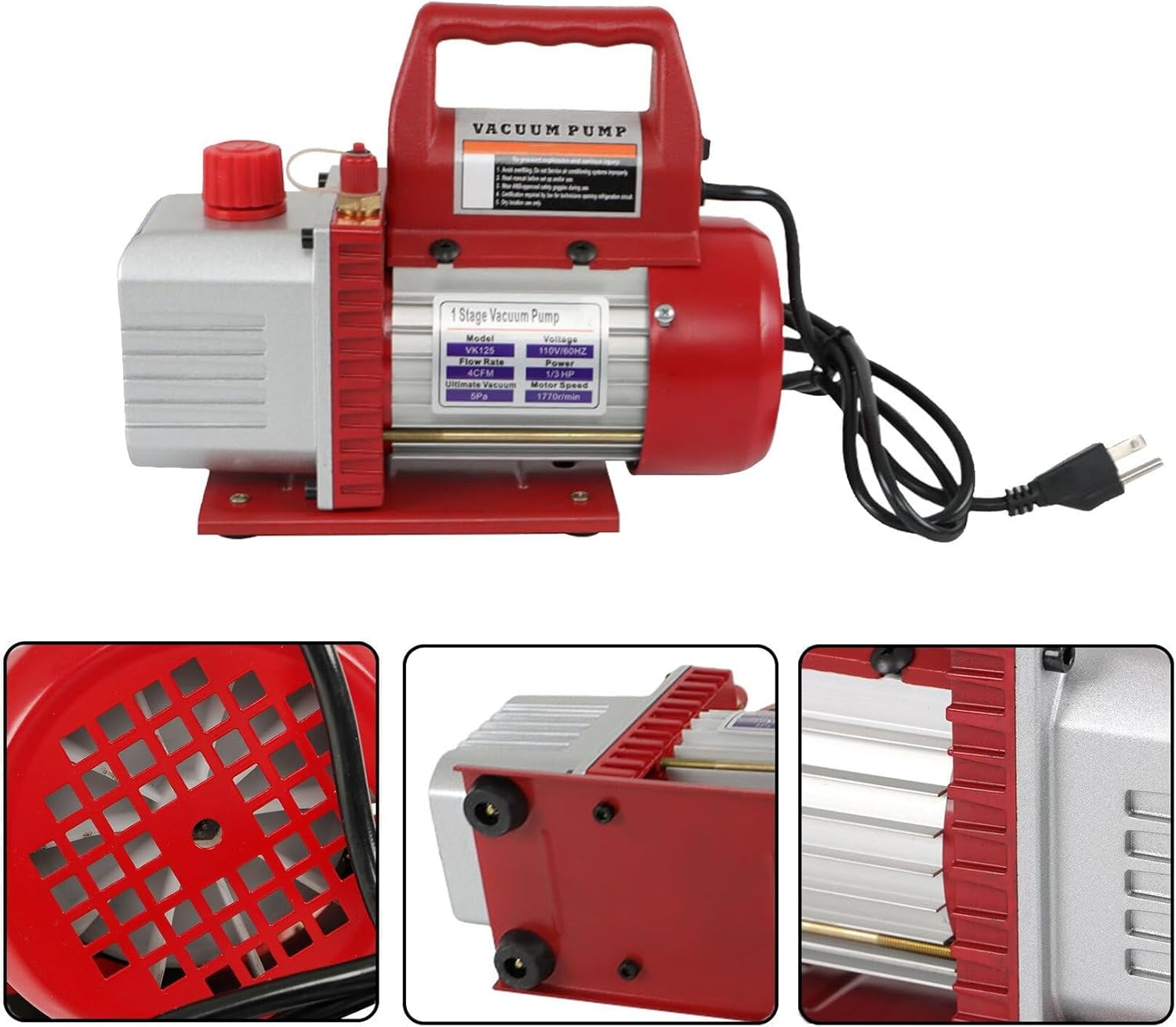 Vacuum Pump 110V 4CFM 1/3HP Single Stage Air Vacuum Pump with Gauge Kit Fit for Air Conditioning Installation and Maintenance