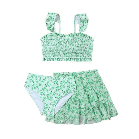 eileial Girls Swimsuit 3 Piece Bathing Suit Quick Dry Tankini Set with Cover up Beach Skirt Bikini Swimwear Green 9-10 Years