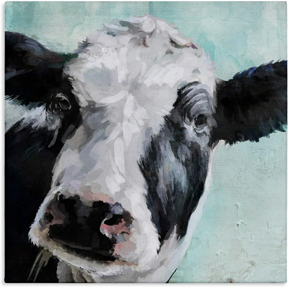 WFSposter Gentle Farm Cow Painting on Blue Stretched Canvas Wall Art, 17 x 1.5 x 17, Proudly Made in USA