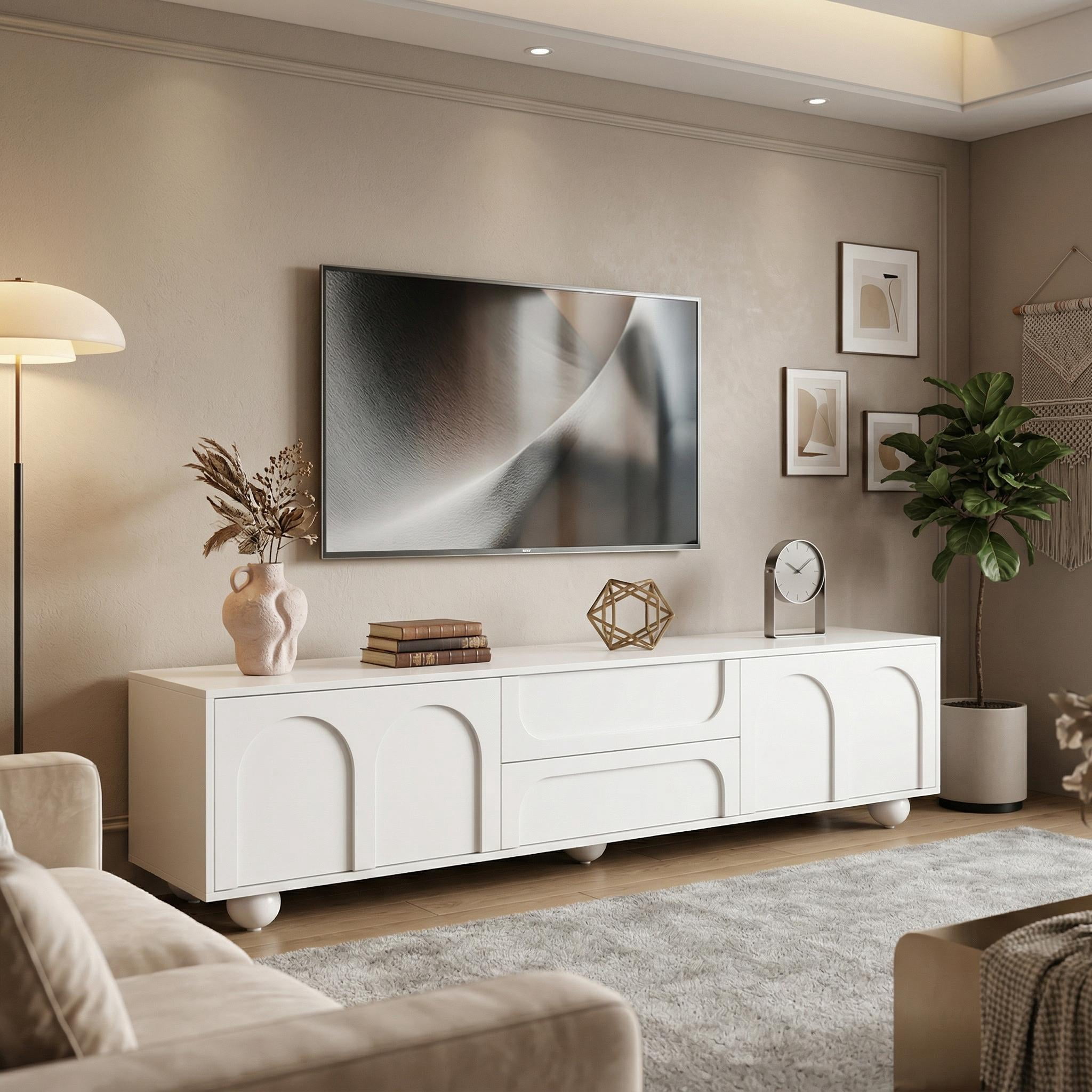 Homy Casa TV Stand for TVs up to 75", Modern White Entertainment Center with Drawers