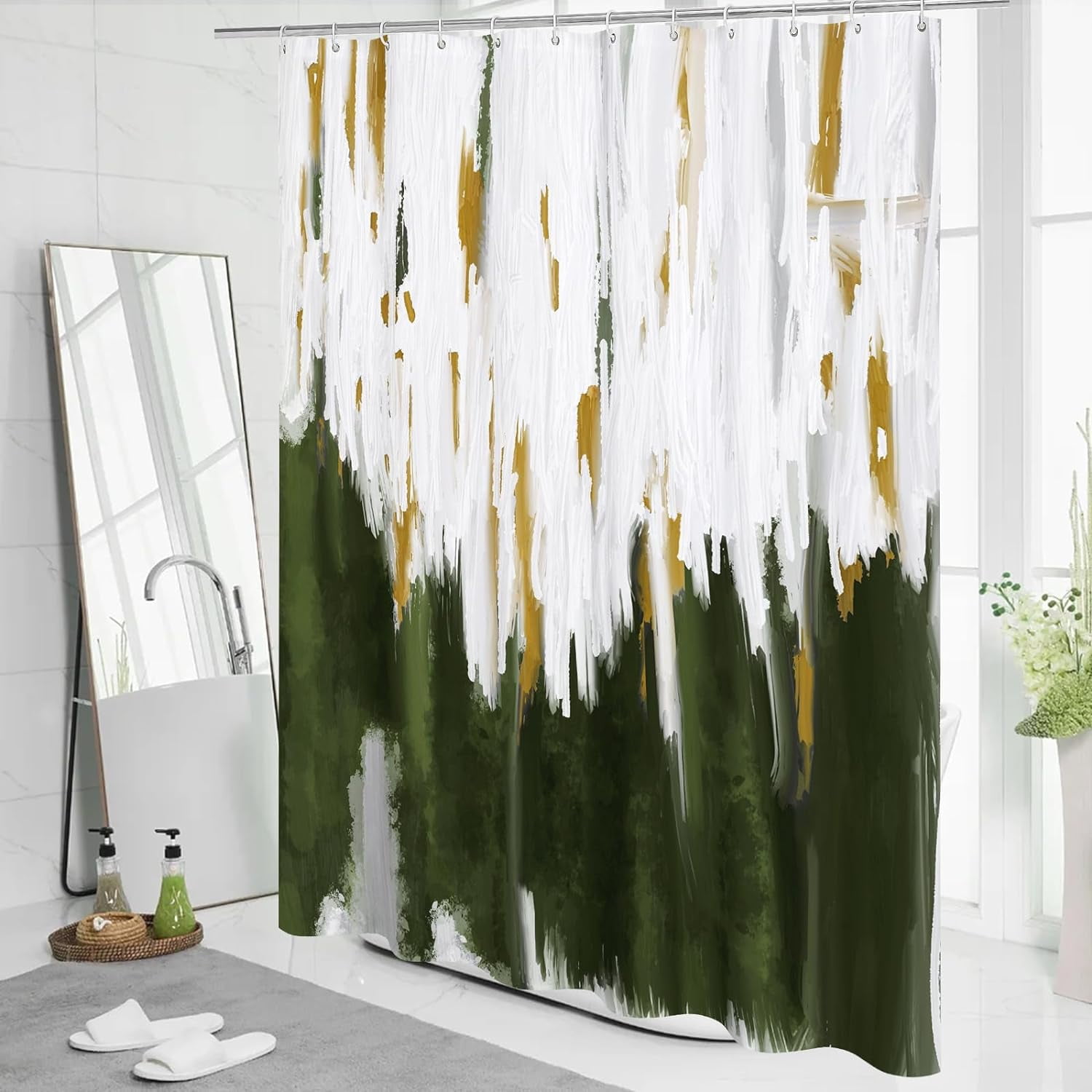 Abstract Ombre Shower Curtains for Chic Modern Bathroom Decor, Graffiti Vintage Fabric Shower Curtain, Brush Strokes Oil Painting Style, Sage Green, 72 x 72