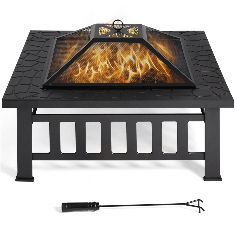Geepro Fire Pit For Garden,Portable Firepit For Camping With BBQ Grill & Fire Poker & Mesh Lid,Iron Outdoor Travel Heaters,Log & Wood Burner,Fire Bowl For Patio,Barbecue Brazier