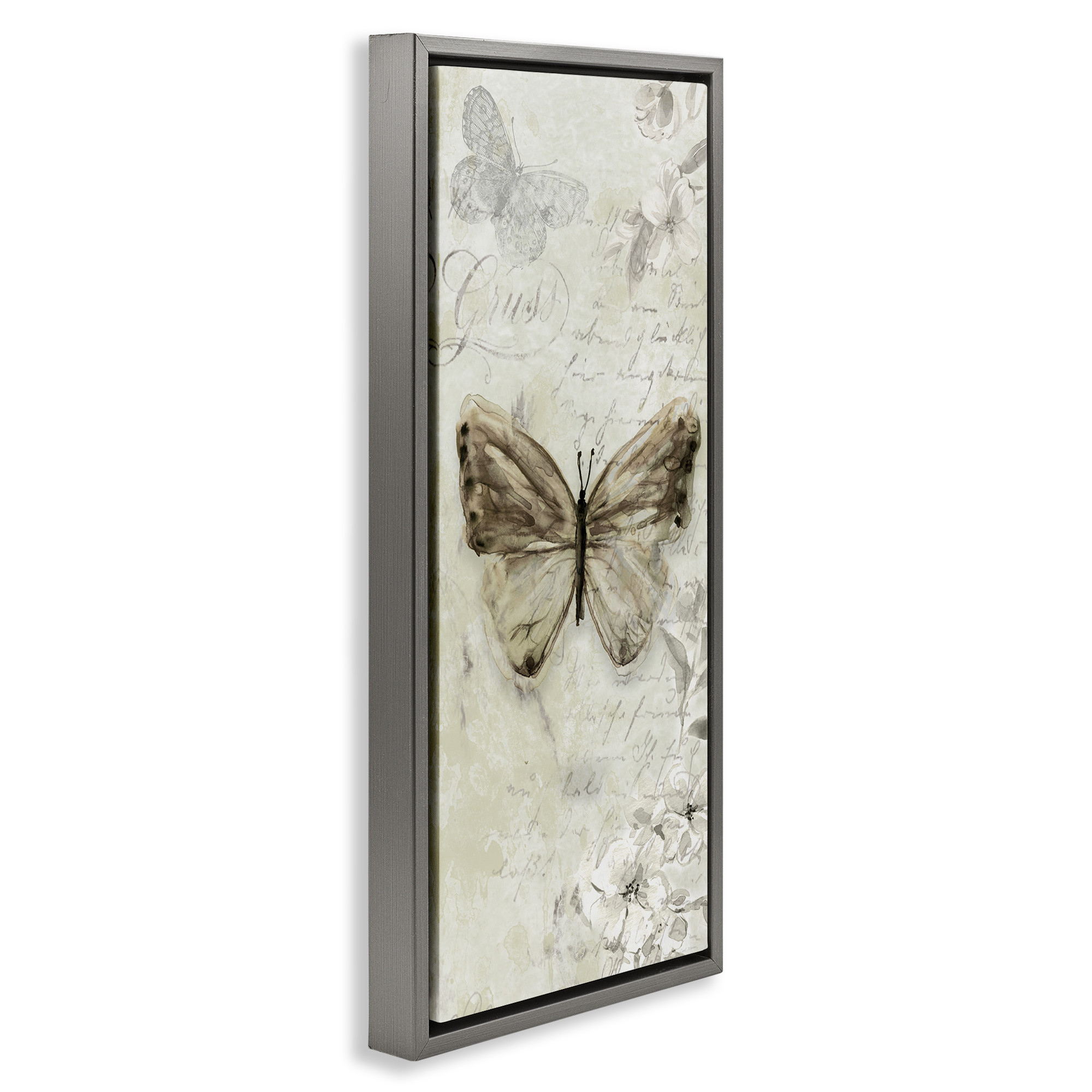 Stupell Industries Vintage Patterned Butterfly Animals & Insects Painting Gray Floater Framed Canvas Art Print Wall Art, 15 x 31