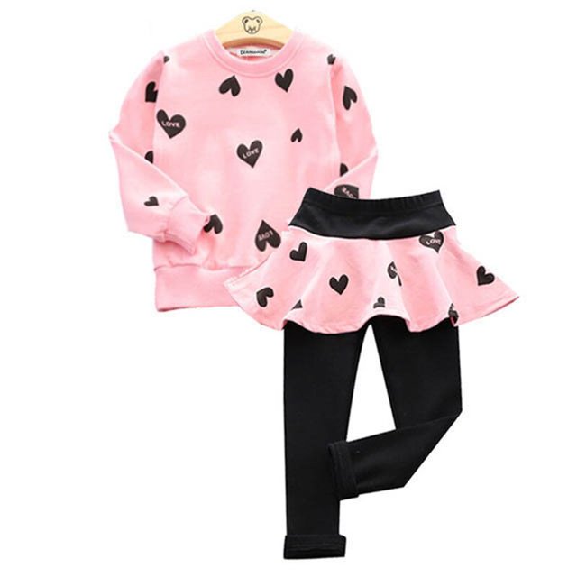 Spring Girls Sweatshirt Pants Kids Love Cotton Long Sleeve T-shirt + Skirt Leggings Suit 3-8 YearsPink5 He Qiyong unisex