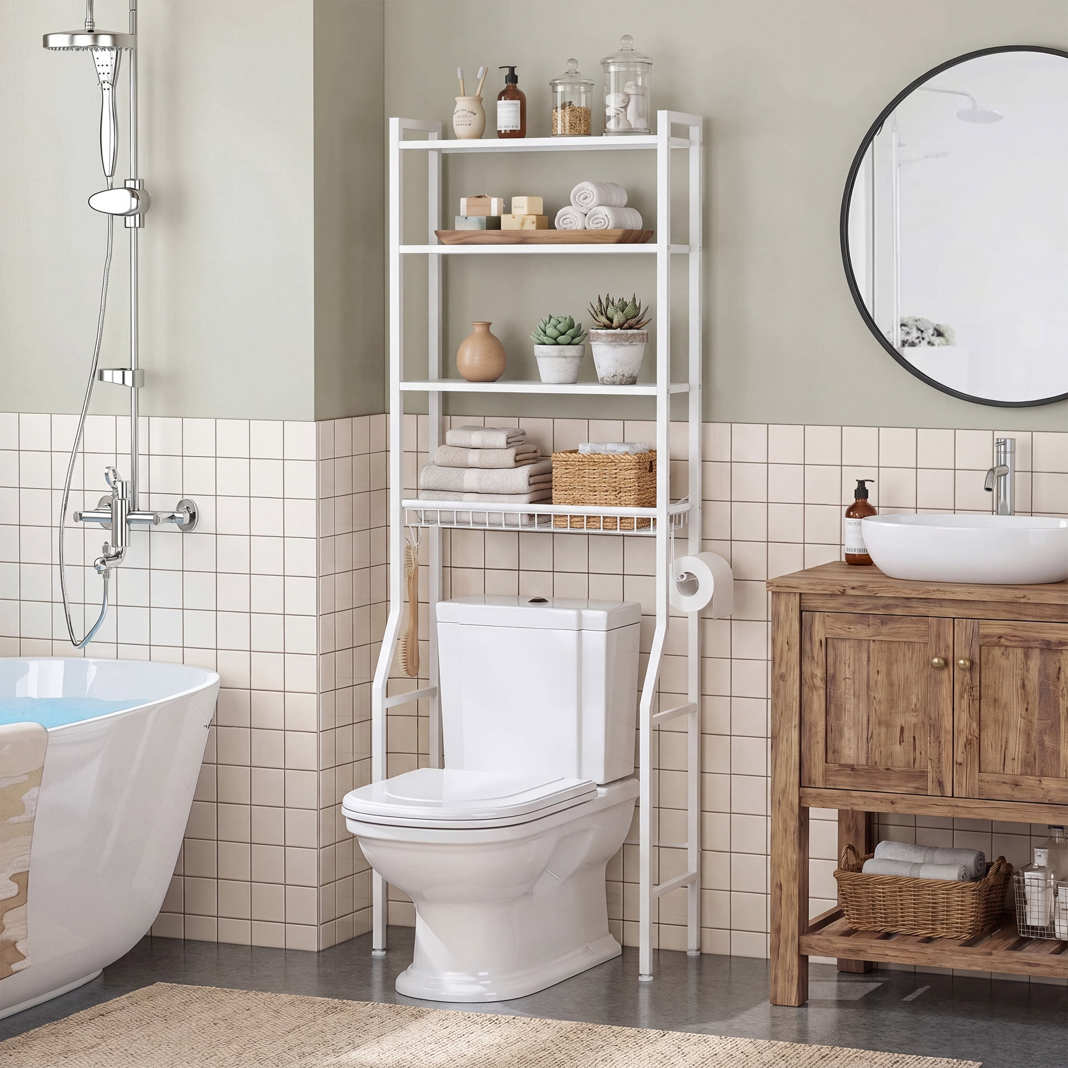 CONCETTA 4-Tier over the Toilet Bathroom Storage Rack, Adjustable Space Saver Organizer with Shelves, Basket & Hooks, White