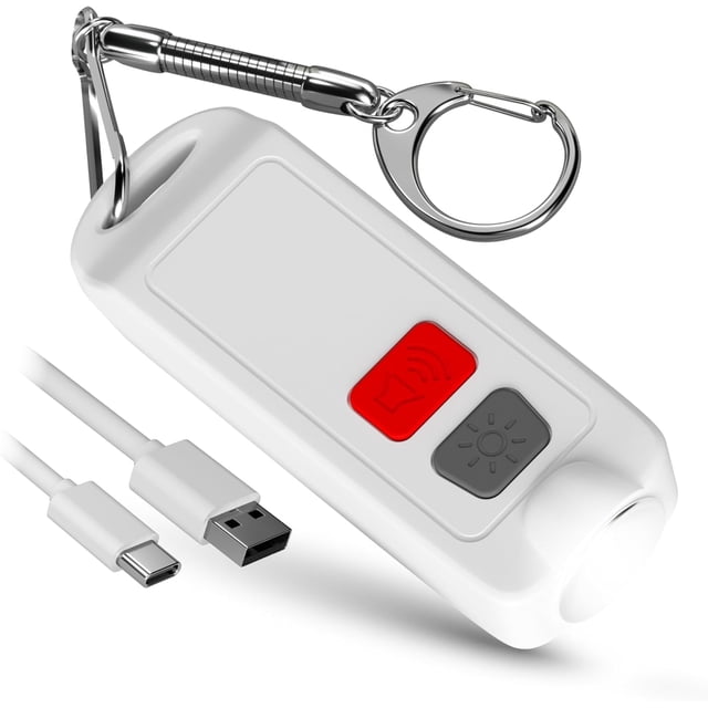 Llavero de alarma personal de autodefensa para mujeres - USB recargable impermeable 130 dB botón de seguridad de pánico Silbato de sirena con luz led - (blanco)