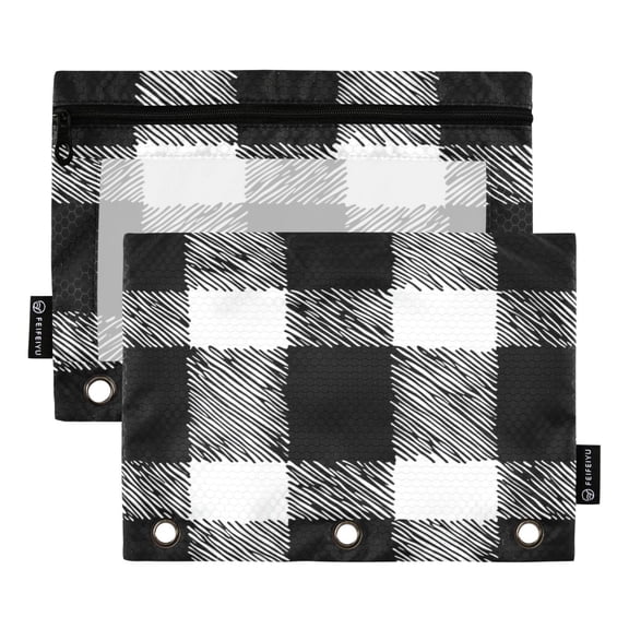 2 Pack 3 Ring Binder Pouch with Clear PVC Window Water Resistant Zipper Pencil Pouch Black White Plaid Binder Pocket for Classroom Office Home Stationery Organization