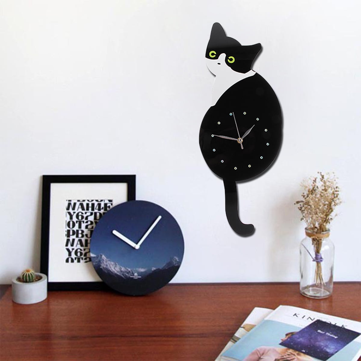 Animal Shaped Picture Wall Clock Swinging Tail Pendulum Battery