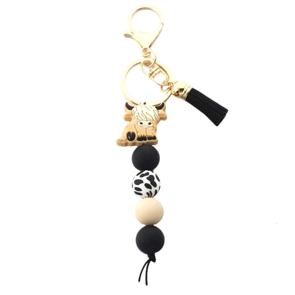 Ciwanning Highland Cow Keychain with Tassels and Silicone Beads Portable Women Key Holder