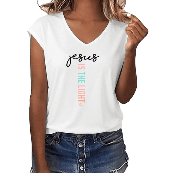 UNISHE Women's Jesus Is The Light Christian Graphic V-Neck Short Sleeve T-Shirt Faith Inspired Tee
