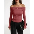 thumbnail image 5 of Women'S Off Shoulder Tops Dressy Casual Slim Fit Long Sleeves Spring Fall Blouse Going Out Shirt Rouge M, 5 of 8